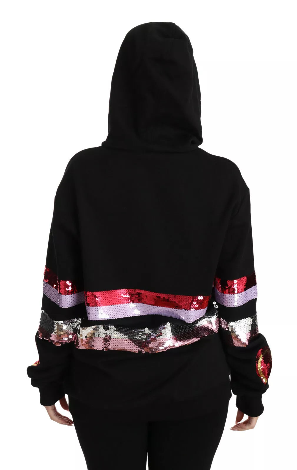 Sweat à capuche Dolce & Gabbana DG avec sequins, pull en molleton brillant et tendance, vue de face sur fond neutre.