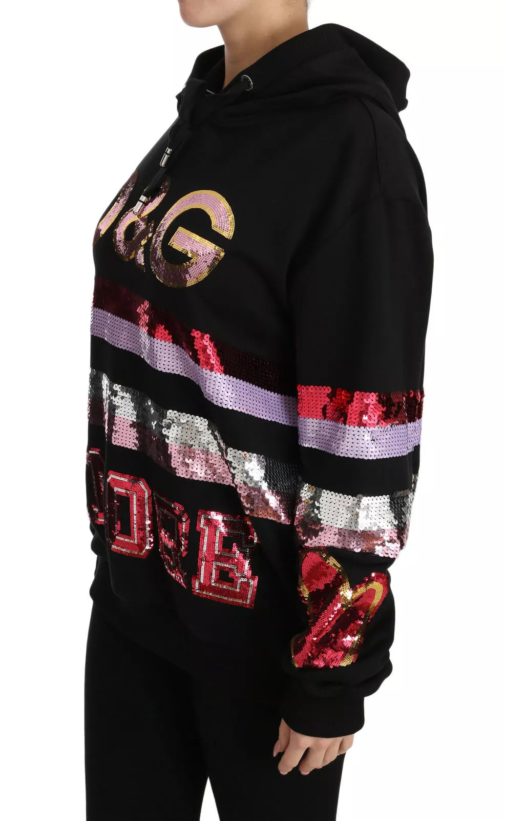 Sweat à capuche Dolce & Gabbana DG avec sequins, pull-over en tricot gris avec capuche et détails brillants.
