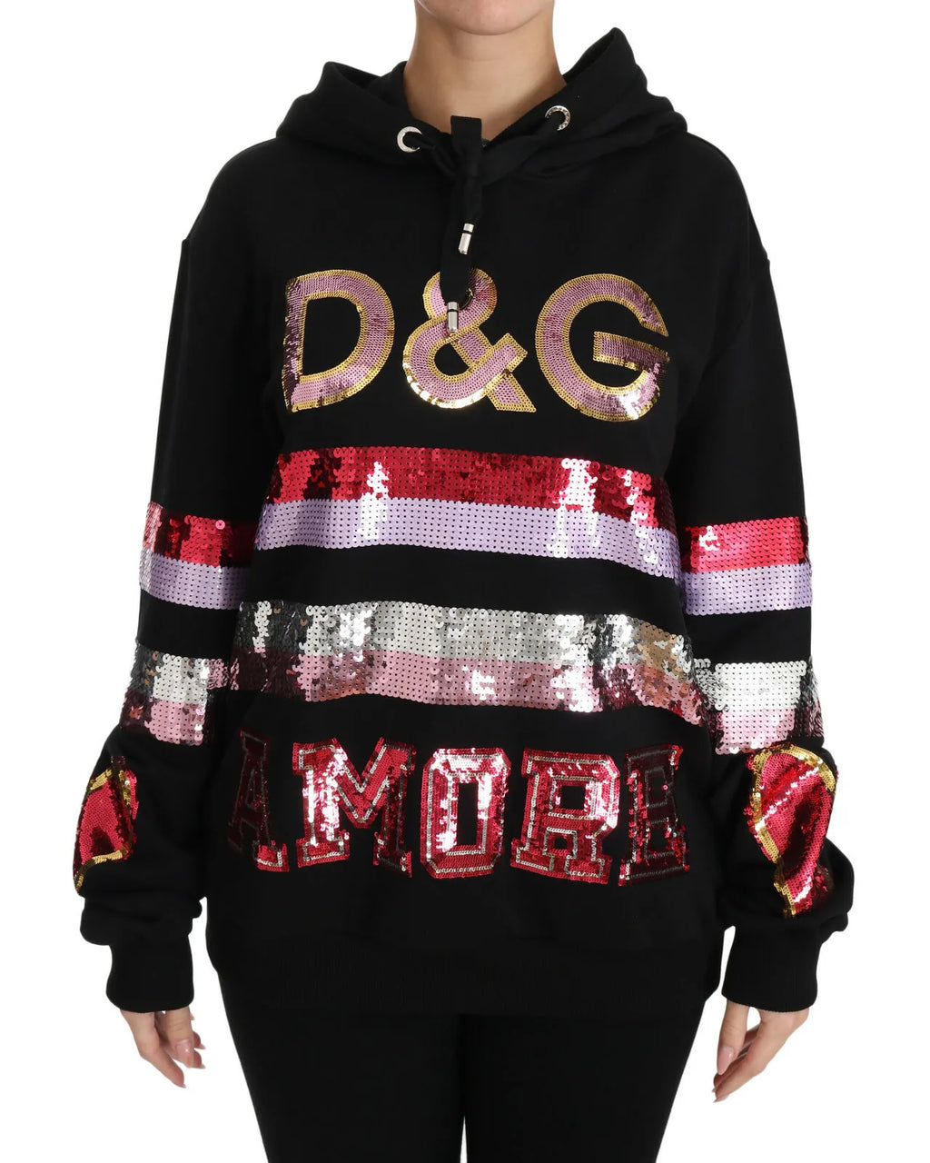 Pull à capuche Dolce & Gabbana DG avec sequins, sweat-shirt en maille ornée de paillettes et détails brillants.