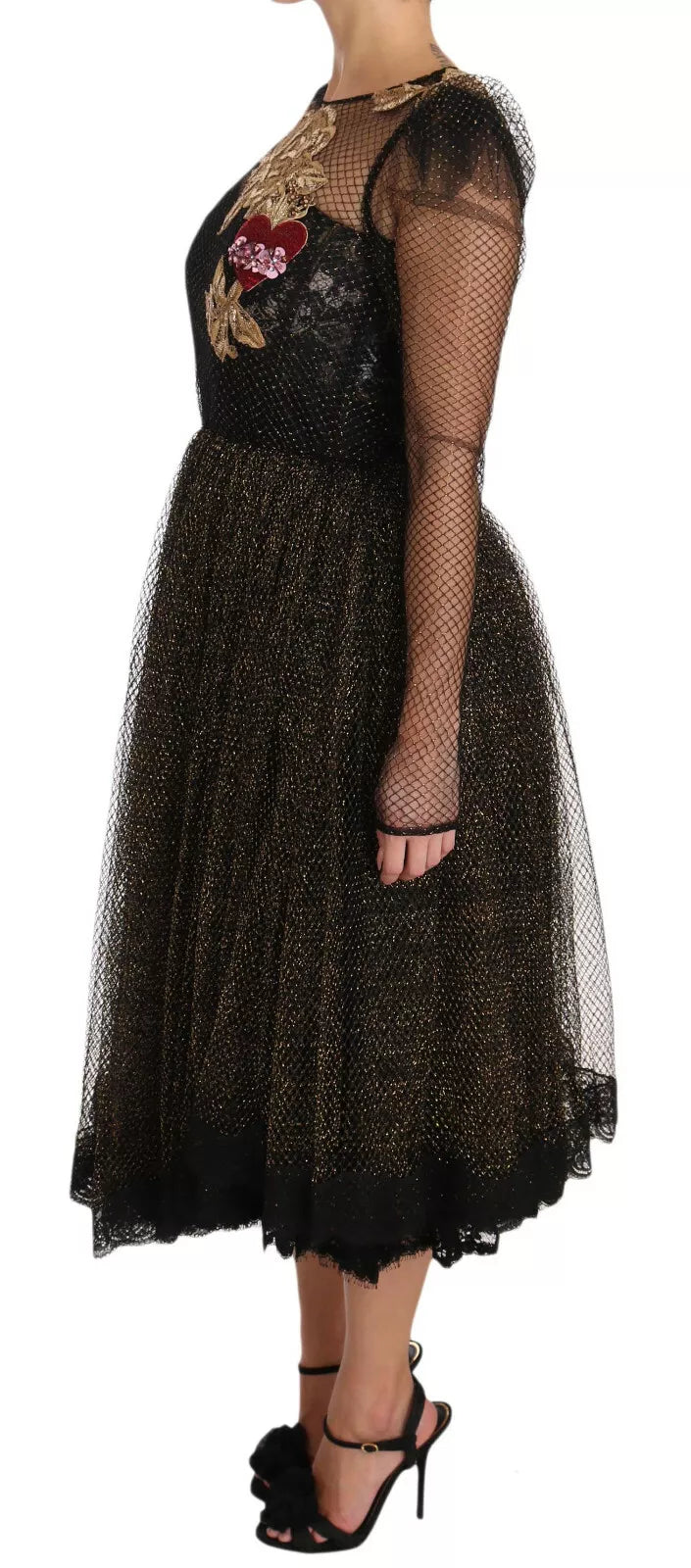 Robe longue en ligne A de Dolce & Gabbana, noire avec détails en cristaux dorés et cœur, élégante et sophistiquée.