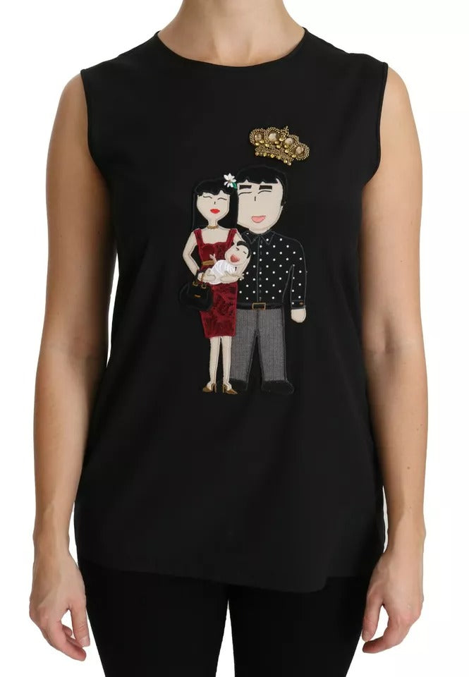 Haut sans manches en soie noire Dolce & Gabbana DG Family avec cristaux, élégant et sophistiqué, visible avec détails en tissu et cristaux.