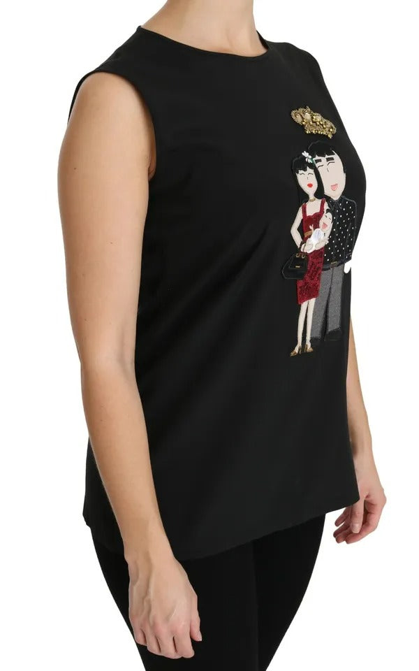 Haut sans manches en soie noire Dolce & Gabbana DG Family avec cristaux, élégante et raffinée, visible sur la mannequin.
