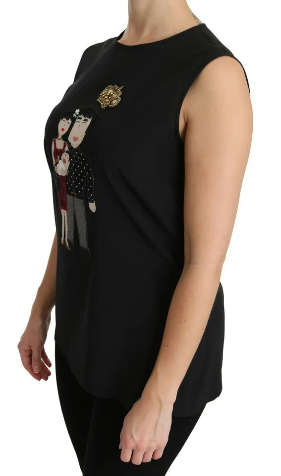Top sans manches en soie noire Dolce & Gabbana avec cristaux de la collection DG Family, élégant et sophistiqué.