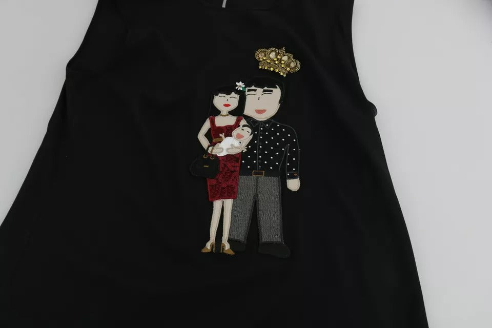 Top sans manches en soie noire Dolce & Gabbana avec cristaux DG Family, élégant et sophistiqué, vue de l'avant.