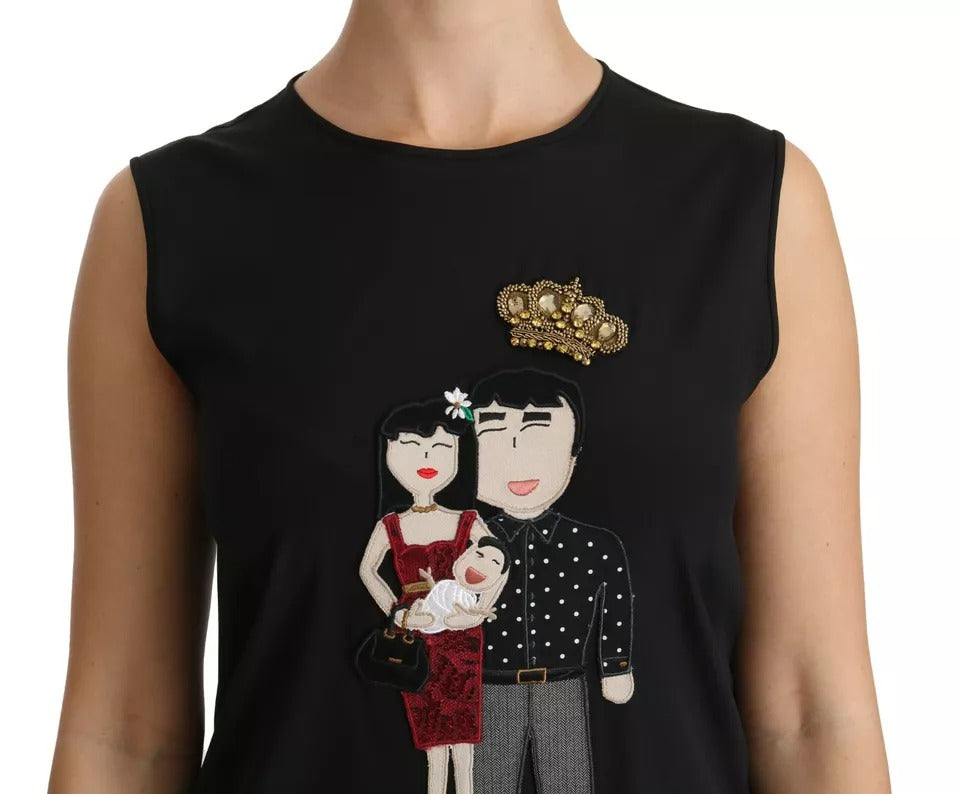 Top sans manches en soie noire Dolce & Gabbana avec cristaux, motif DG Famille, élégant et sophistiqué.