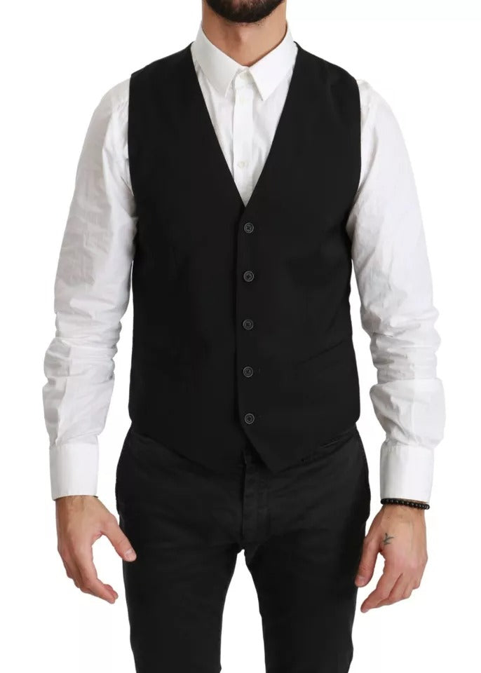 Gilet formel en laine noire Dolce & Gabbana, coupe ajustée avec ceinture stretch, parfait pour une tenue élégante.