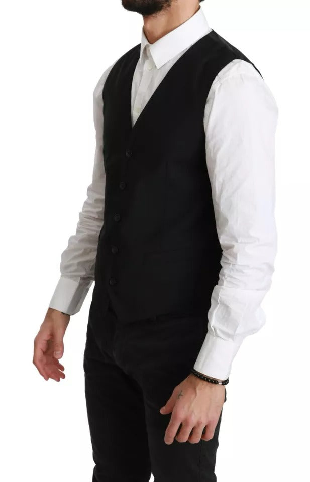 Gilet de costume noir en laine extensible de Dolce & Gabbana, veste formelle pour homme, détail élégant et ajusté.