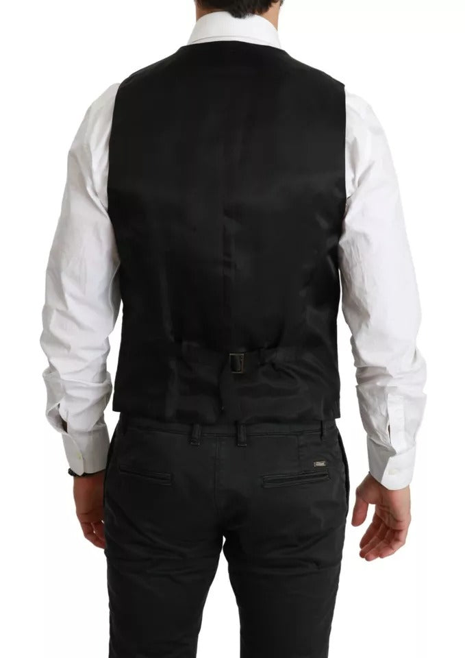 Gilet formel en laine noire Dolce & Gabbana avec taille extensible, porté sur un mannequin.