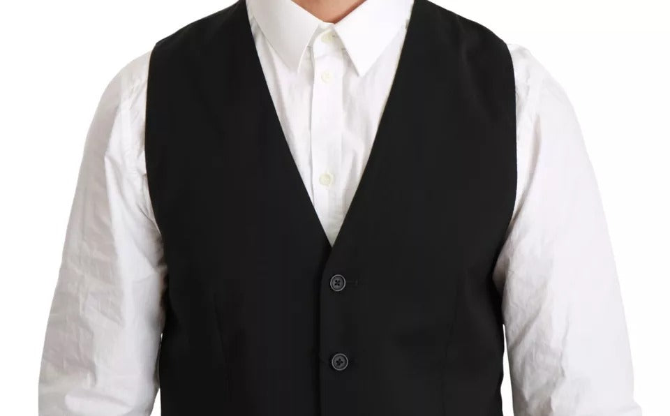 Gilet formel en laine stretch noir de Dolce & Gabbana, ajusté à la taille, pour homme élégant et sophistiqué.