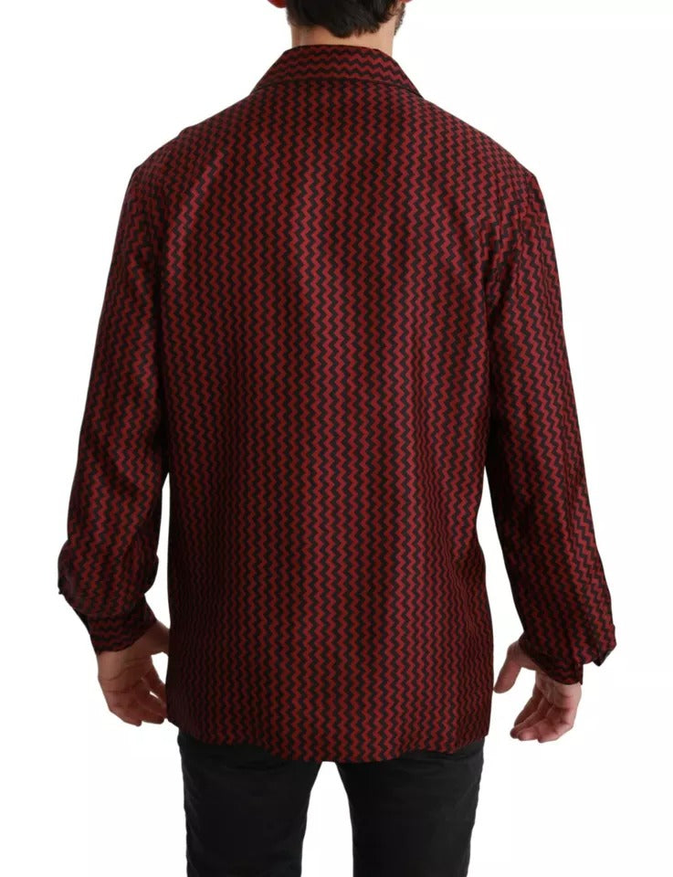 Chemise décontractée Dolce & Gabbana à motif zigzag noir et rouge, en coton avec col classique et manches longues.