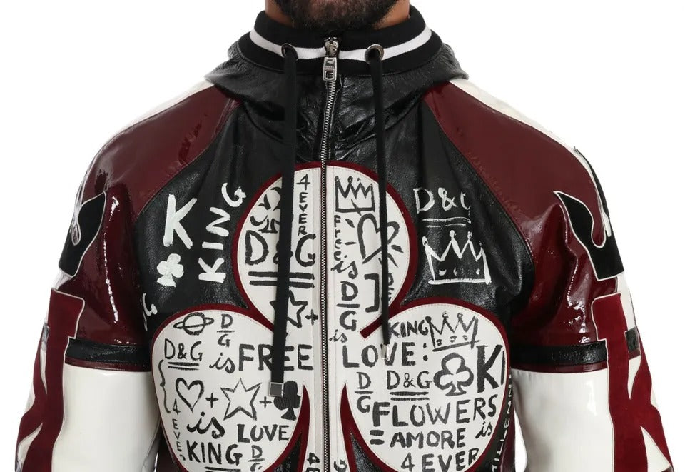 Veste en cuir noire et bordeaux Dolce & Gabbana avec capuche, style King of Love, détail en cuir et design élégant.