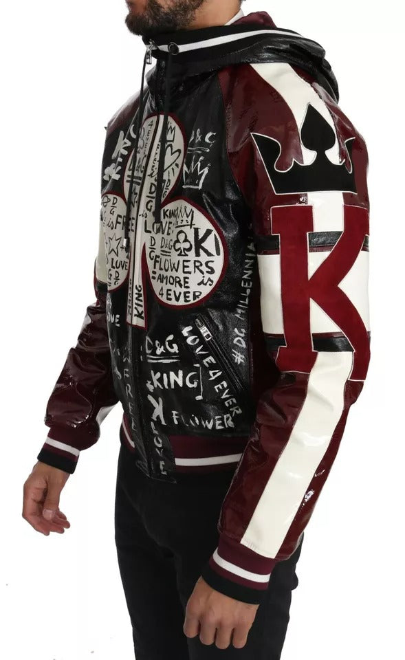 Veste en cuir noir et bordeaux avec capuche Dolce & Gabbana DG King of Love, style élégant et moderne.