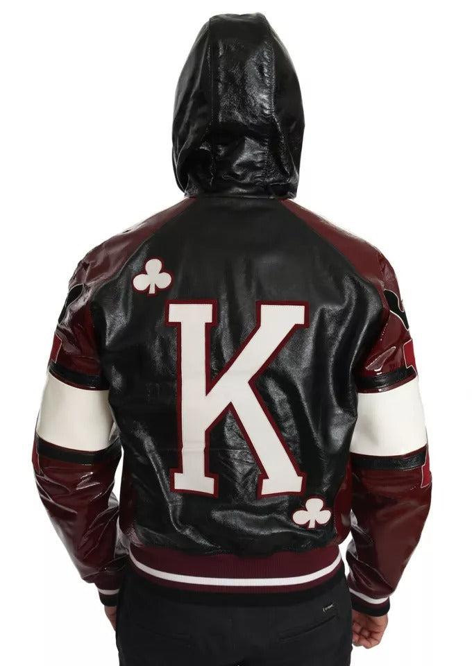 Veste en cuir noir et bordeaux avec capuche Dolce & Gabbana DG King of Love, style élégant et moderne.