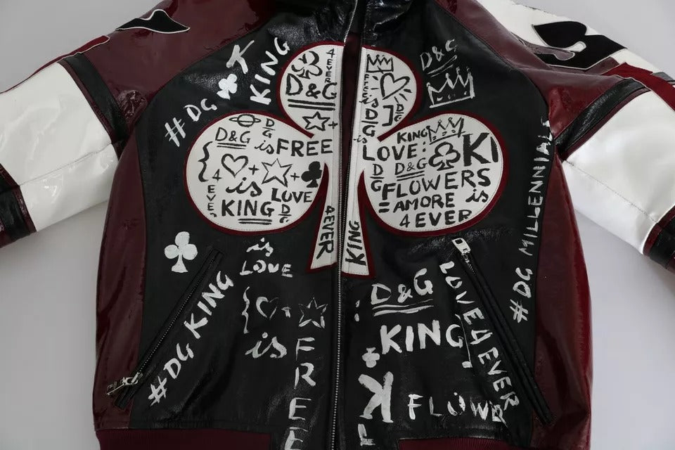 Veste en cuir noir Bordeaux Dolce & Gabbana DG King of Love avec capuche, style élégant et détails sophistiqués.