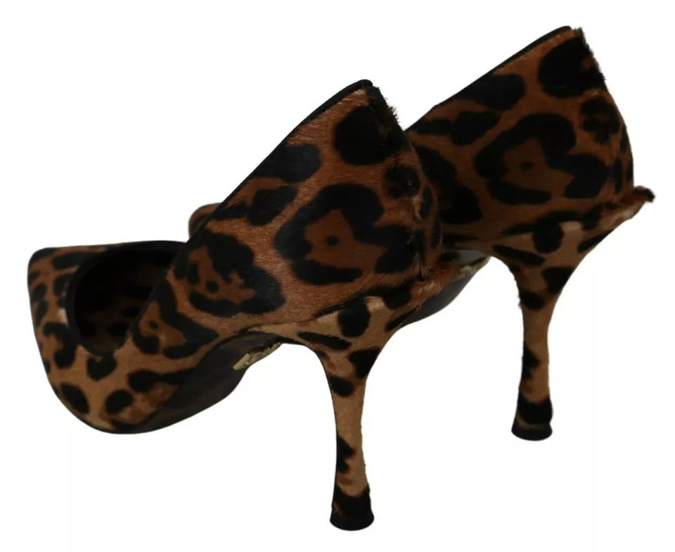 Chaussures Dolce & Gabbana à talons en cuir de léopard marron et peau de poney, chaussures élégantes pour femmes.