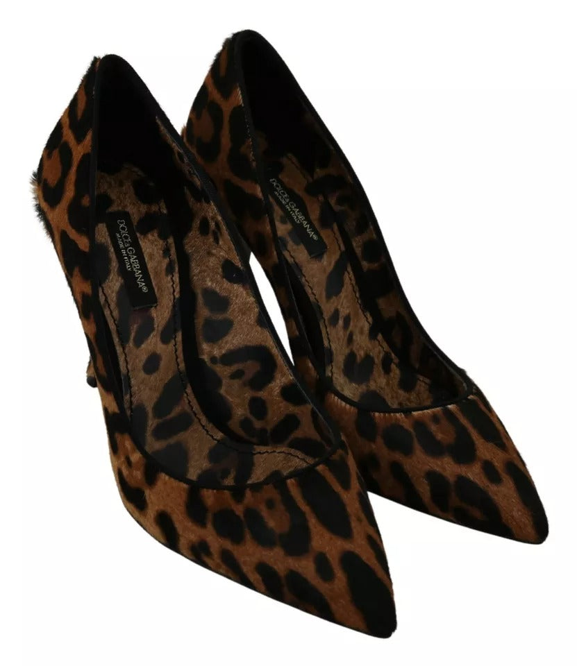 Chaussures à talons Dolce & Gabbana en cuir de léopard marron et pony hair, élégantes et sophistiquées.