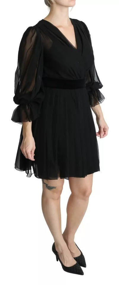 Robe courte en tissu mélangé de soie noir à plis en mesh transparent, de la marque Dolce & Gabbana.