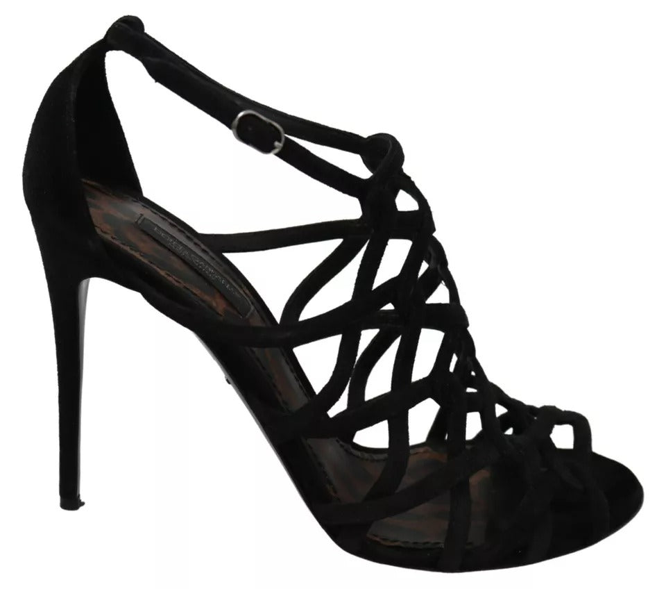 Chaussures à talons stilettos en daim noir Dolce & Gabbana avec bride à la cheville, vue de côté.