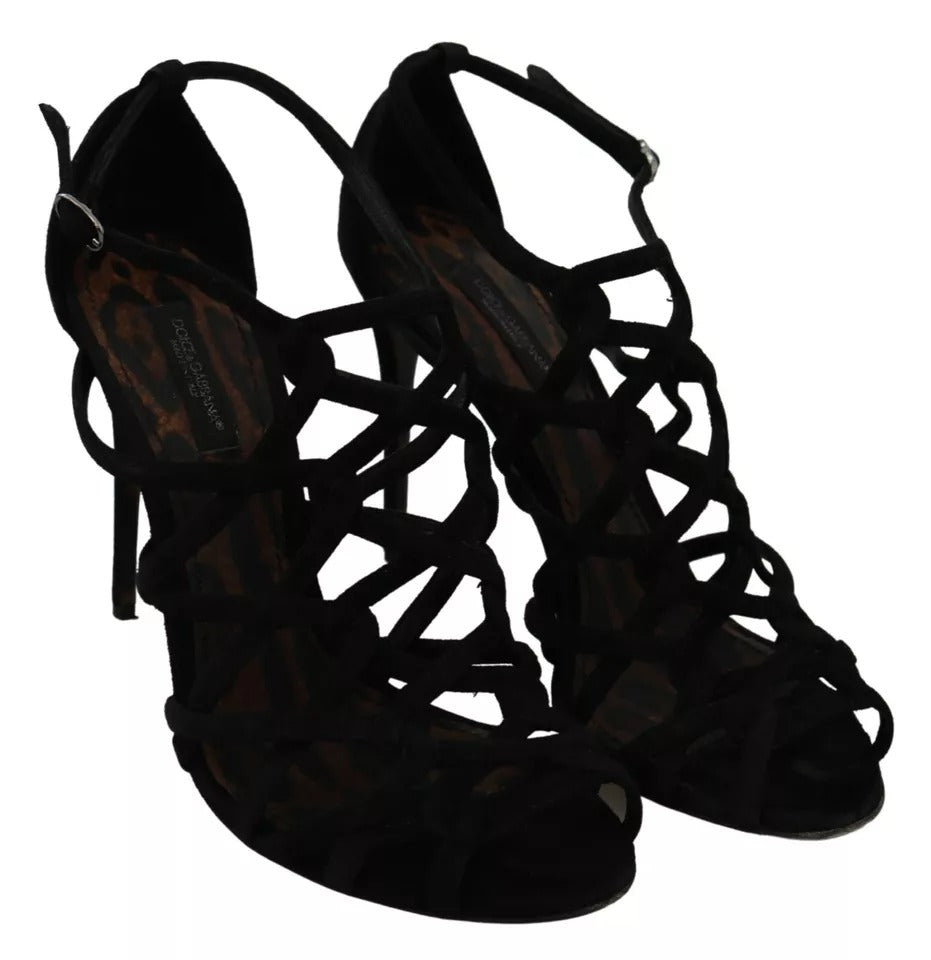 Chaussures à talons stilettos en daim noir avec bride à la cheville de la marque Dolce & Gabbana.