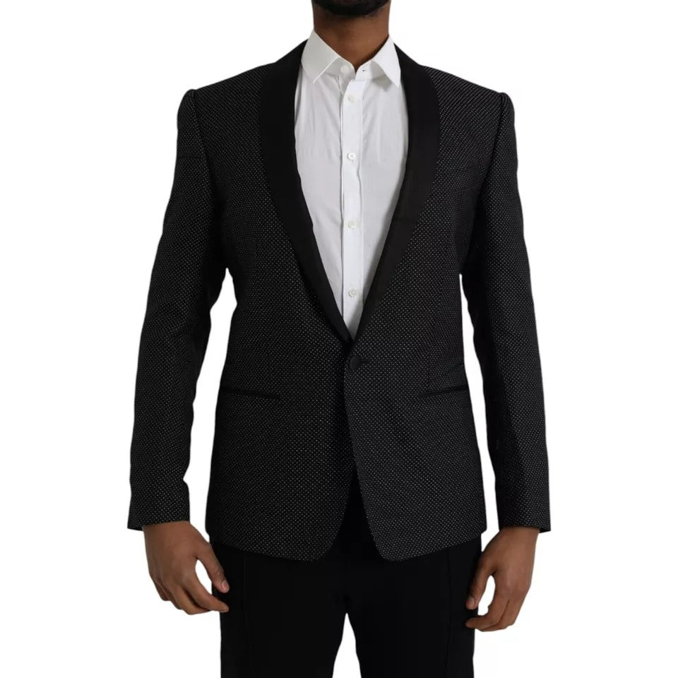 Manteau blazer noir en jacquard Dolce & Gabbana Martini à un bouton, coupe single-breasted, style élégant et sophistiqué.