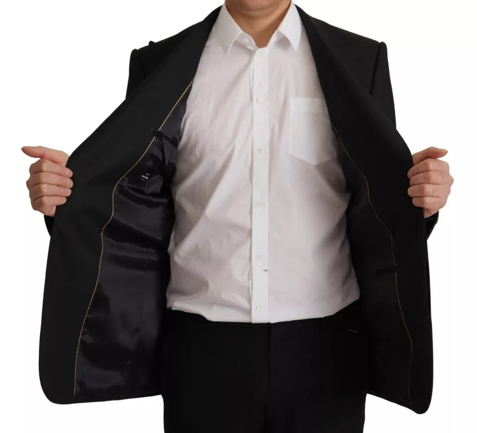 Blazer noir en polyester Dolce & Gabbana à boutons simples, coupe élégante et style sophistiqué pour homme.