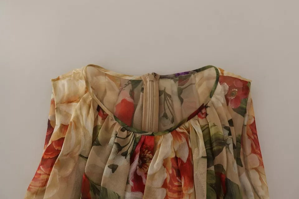 Robe mini sans manches Dolce & Gabbana beige à fleurs, col rond, style élégant et féminin.