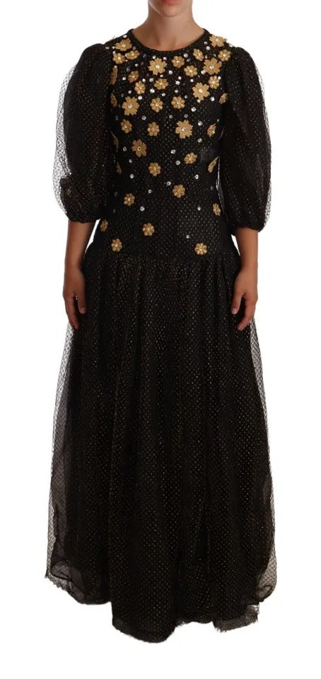 Robe longue noire Dolce & Gabbana avec détails floraux en cristal, élégante robe de soirée maxi ball gown.