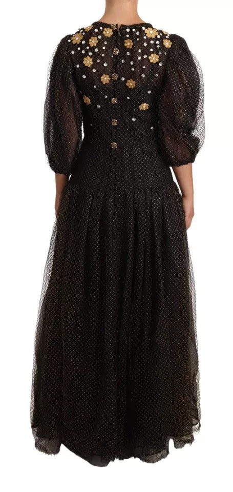Robe de soirée maxi Dolce & Gabbana noire avec cristaux et motif floral, élégante et sophistiquée.