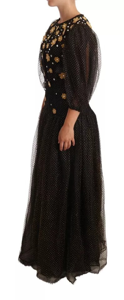 Robe de soirée maxi ball dress noire Dolce & Gabbana avec broderies florales en cristaux, longue et élégante.