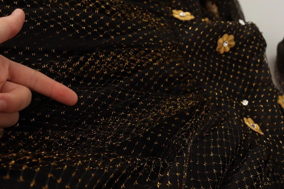 Robe longue de bal noire Dolce & Gabbana avec cristaux et motifs floraux, élégante et sophistiquée.