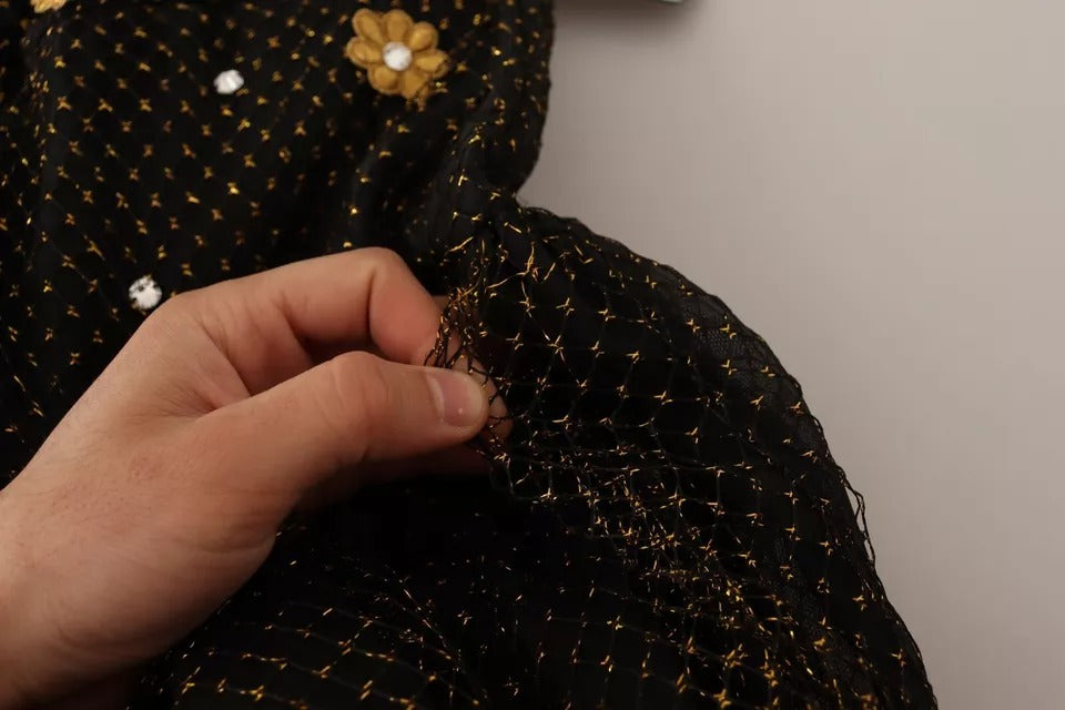 Robe maxi de soirée Dolce & Gabbana noire avec cristaux et motif floral, élégante robe de bal longue et sophistiquée.
