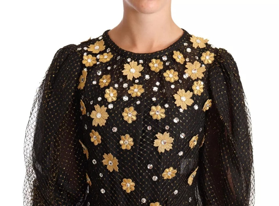 Robe de soirée maxi Dolce & Gabbana noire avec cristaux et motif floral, robe de bal élégante et sophistiquée.