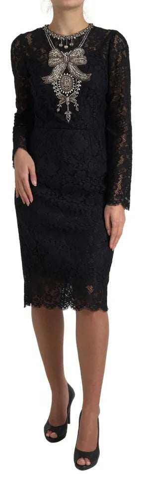 Robe droite en nylon noir avec dentelle et embellissements Dolce & Gabbana, vue de face.