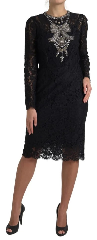 Robe moulante en nylon noir avec broderies en dentelle et embellissements, signée Dolce & Gabbana.