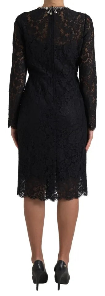Robe fourreau en nylon noir Dolce & Gabbana ornée de dentelle et de détails embellis, vue de face.