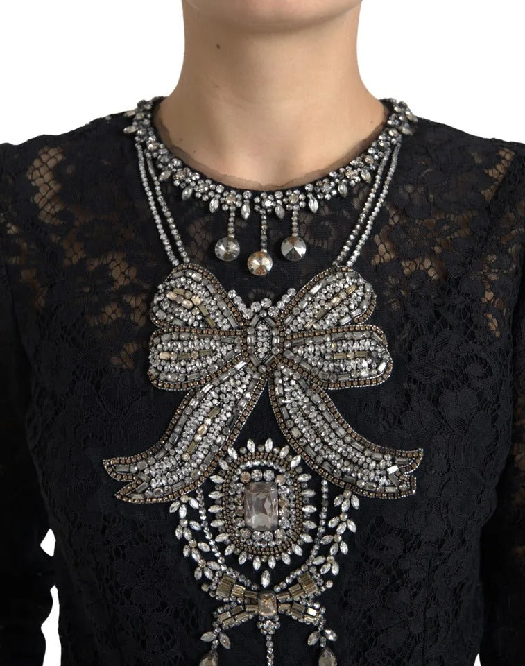 Robe fourreau en nylon noir Dolce & Gabbana avec dentelle et embellissements élégants.