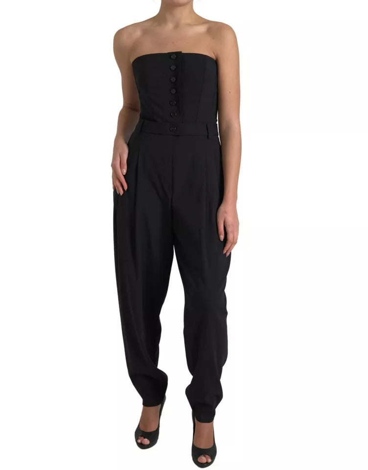 Combinaison noire en laine extensible sans bretelles de Dolce & Gabbana, ajustée et élégante, portée sur mannequin.