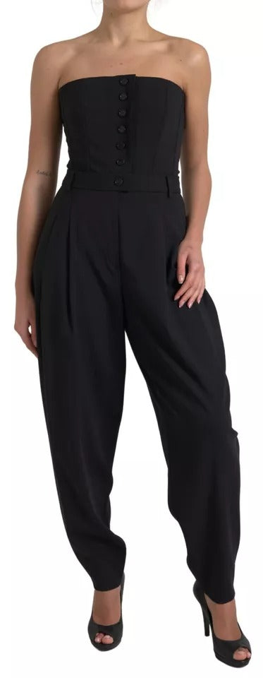 Combinaison noire en laine extensible sans bretelles de Dolce & Gabbana, élégante et ajustée, portée sur un mannequin.