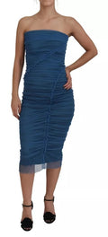 Robe en tulle bleu avec galon en mesh et détail froncé de la marque Dolce & Gabbana, vue de face.