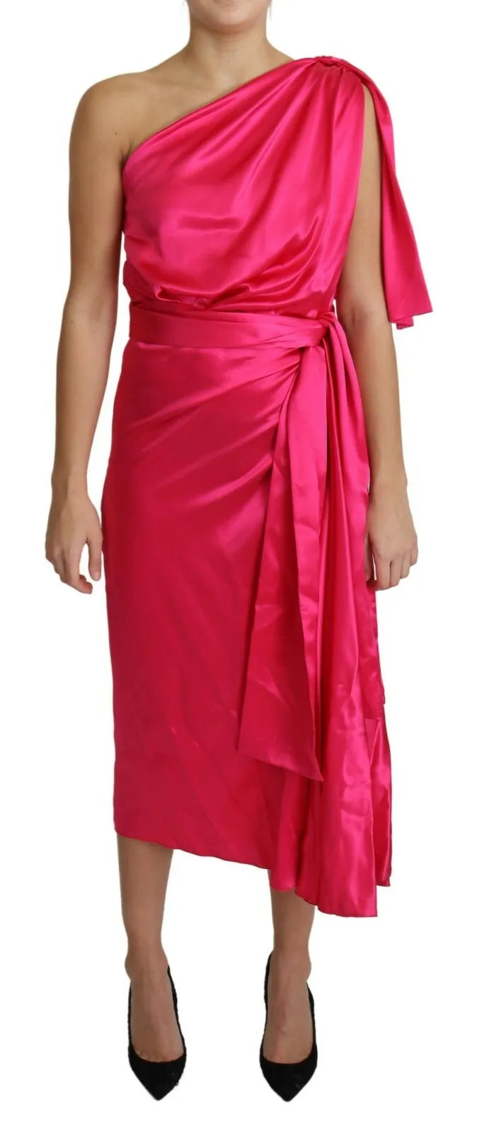 Robe midi Dolce & Gabbana fuchsia ajustée, coupe épaule unique, vêtement élégant pour femmes.