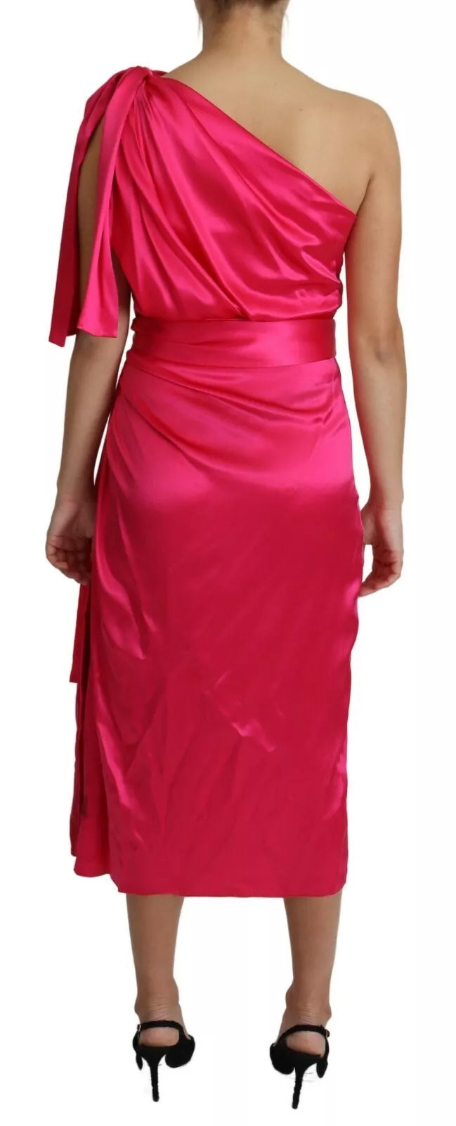 Robe midi fuchsia Dolce & Gabbana ajustée, une épaule, coupe moulante, élégante et sophistiquée, vue de face.