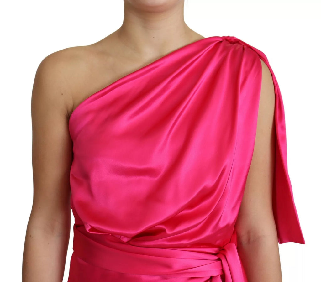 Robe midi fuchsia Dolce & Gabbana ajustée, coupe épaule unique, vêtement élégant avec finition soignée.