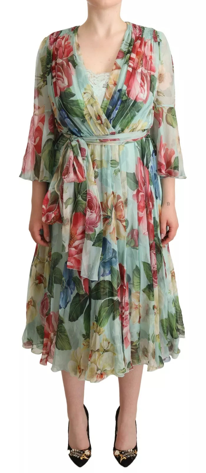 Robe midi à manches longues Dolce & Gabbana avec motif floral vert et décolleté en V, style élégant et féminin.