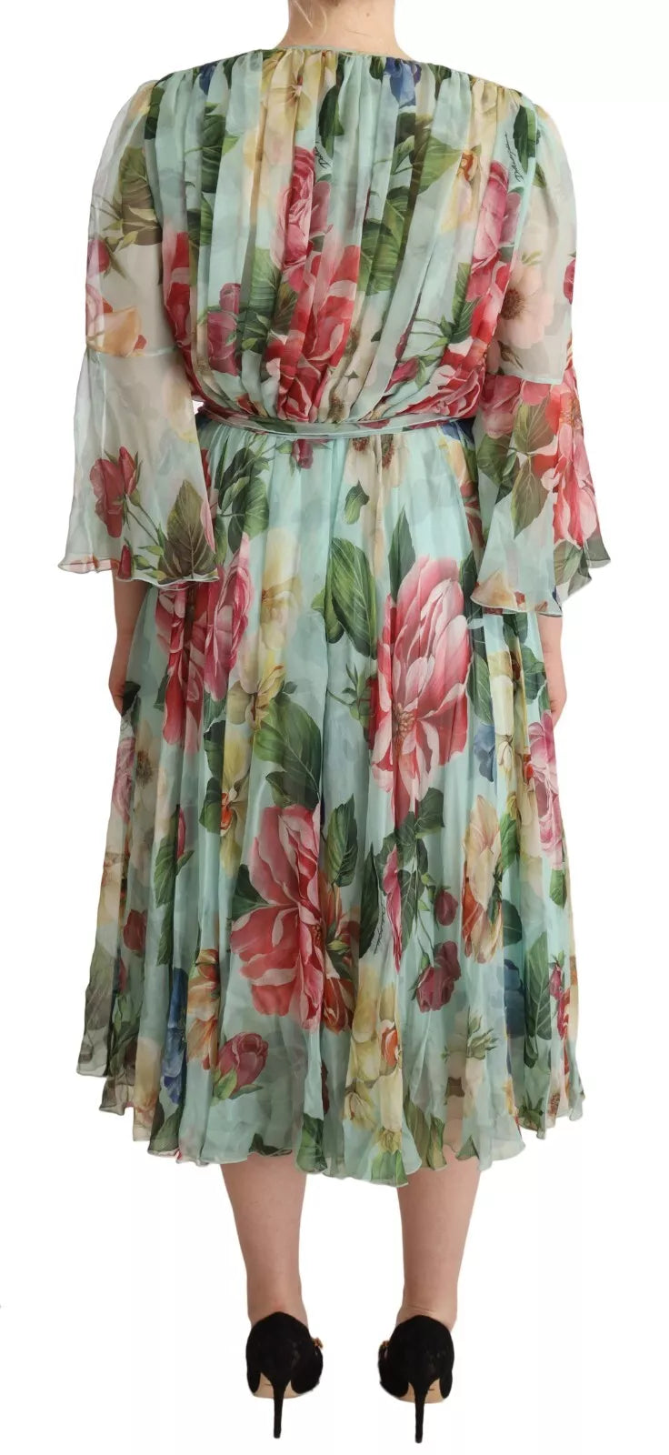 Robe midi à manches longues Dolce & Gabbana avec motif floral vert et décolleté en V, élégante et sophistiquée.