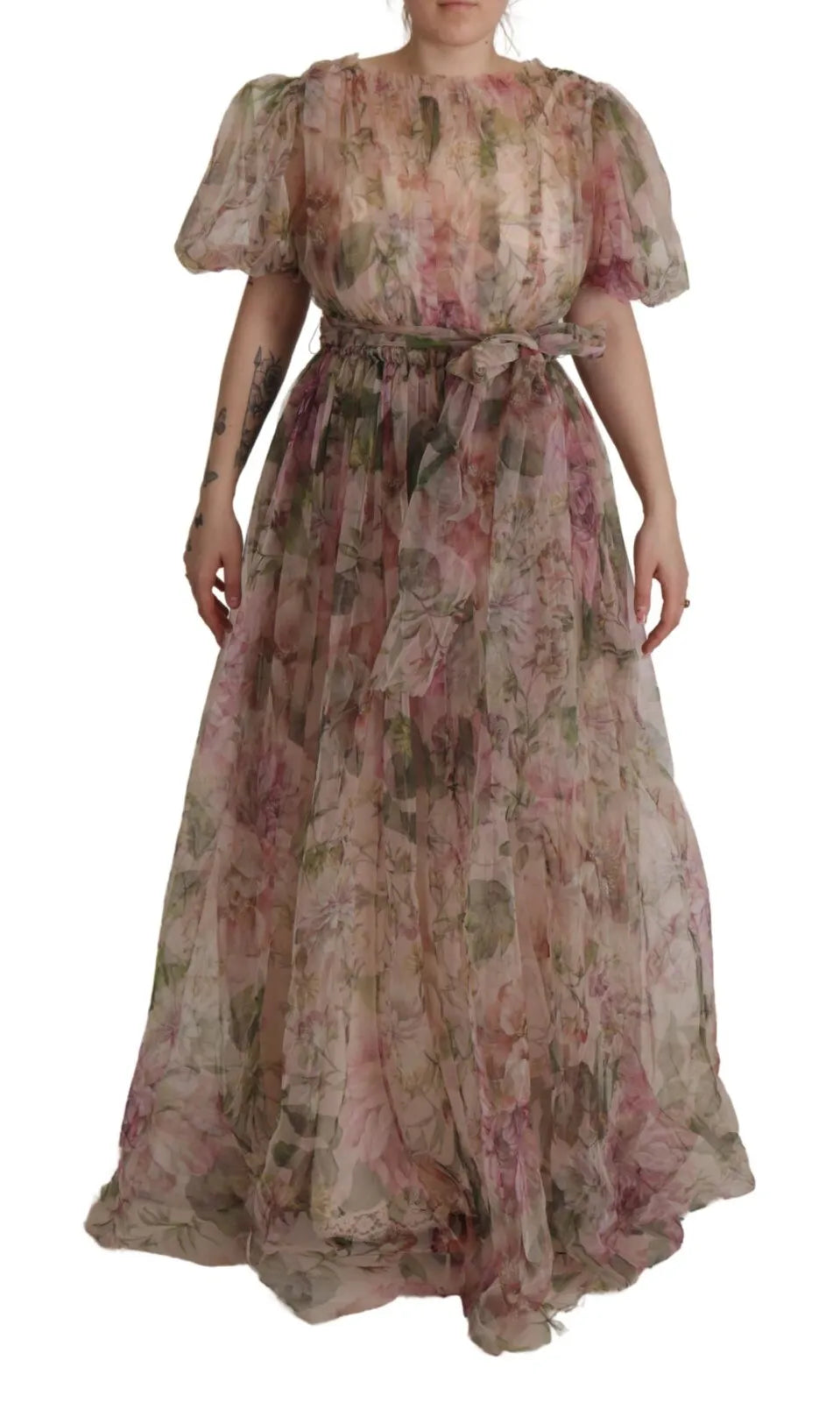 Robe longue Dolce & Gabbana à imprimé floral multicolore, style maxi, avec détails élégants et tissu fluide.