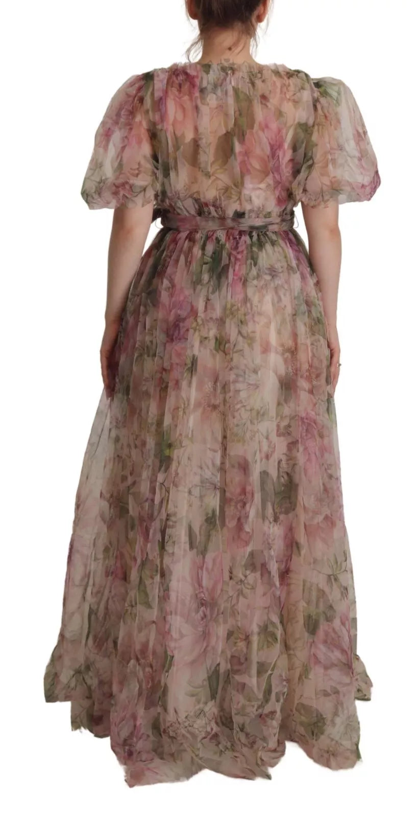 Robe longue maxi Dolce & Gabbana à imprimé floral multicolore, élégante et fluide avec décolleté en V et manches longues.