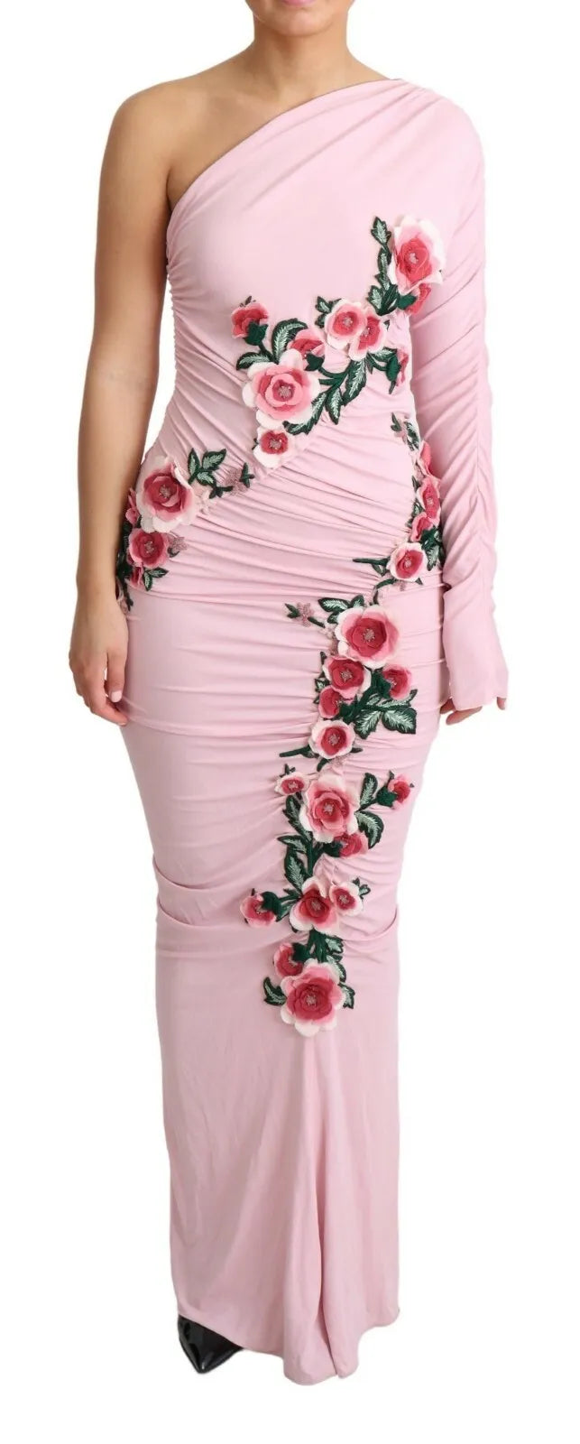 Robe une épaule Dolce & Gabbana rose ornée de fleurs, design élégant et féminin, en tissu léger avec détails floraux.