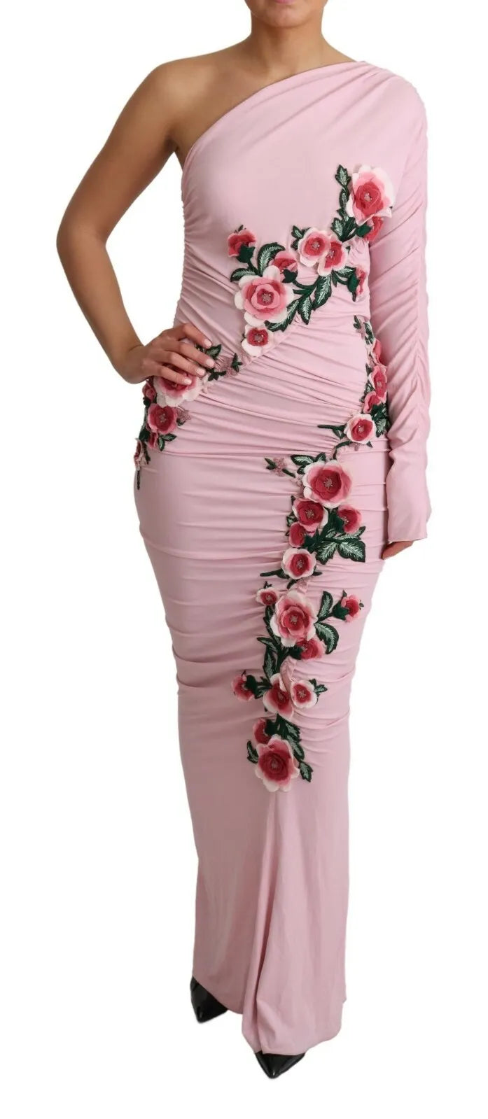 Robe à une épaule Dolce & Gabbana ornée de fleurs roses et de détails perlés, élégante et féminine.