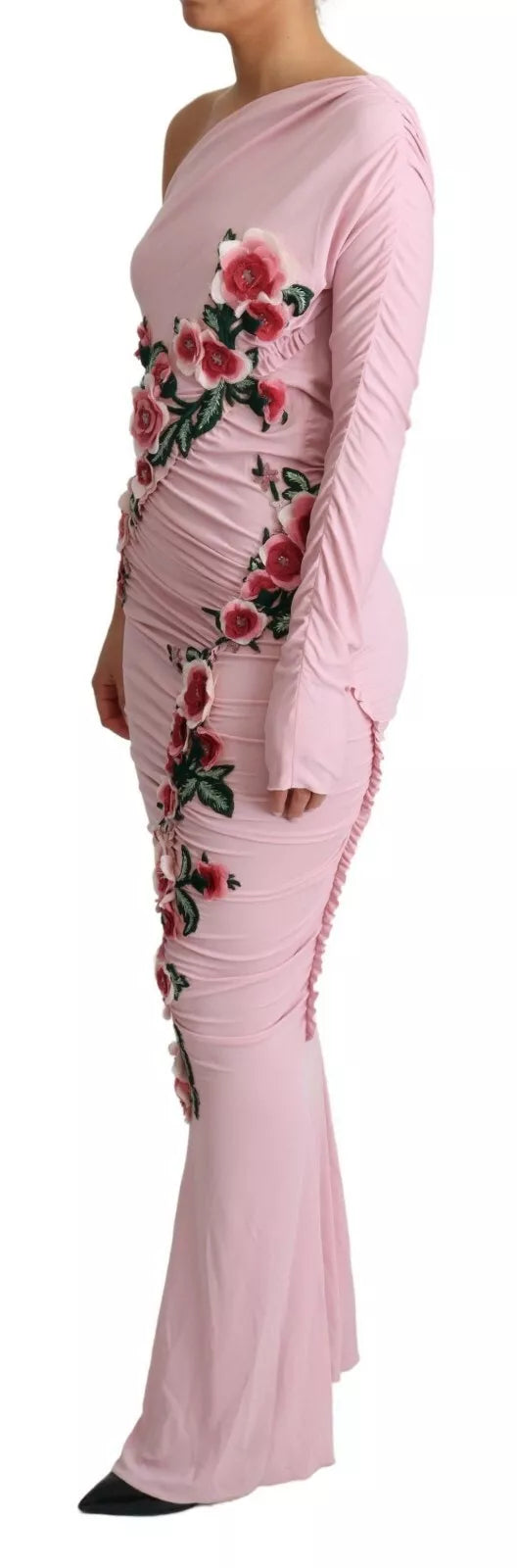 Robe à une épaule Dolce & Gabbana ornée de fleurs roses, embellissements floraux, tissu élégant et style sophistiqué.