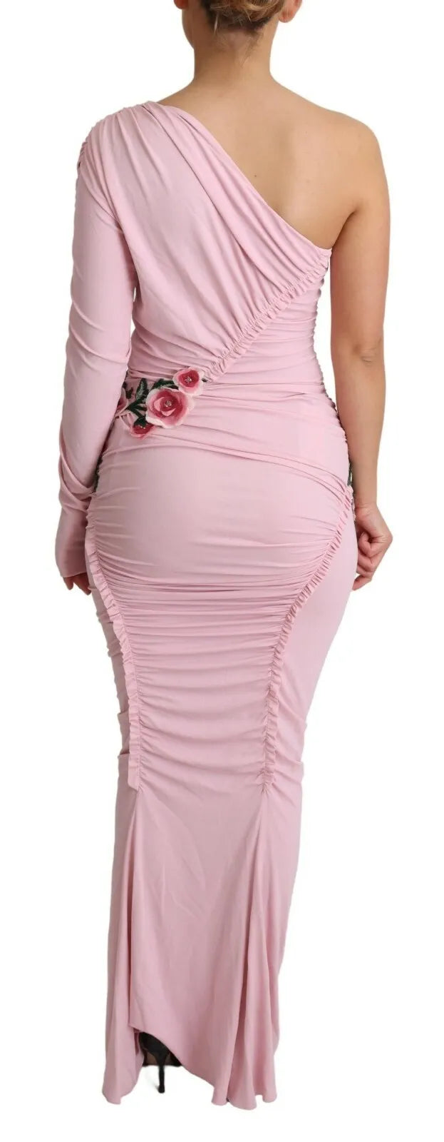 Robe une épaule Dolce & Gabbana rose ornée de fleurs, élégante et féminine, avec détails brodés et finition raffinée.